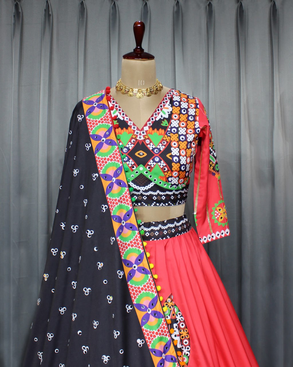 Red Colour Fancy Digital Print Work And Real Mirror Work Navratri Lehenga Choli
