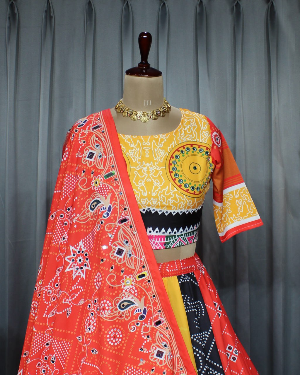 Orange Colour Fancy Digital Print Work And Real Mirror Work Navratri Lehenga Choli