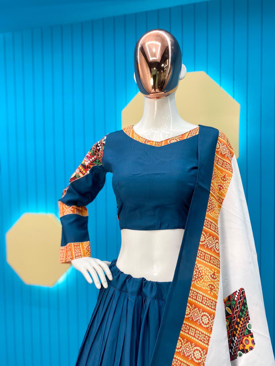 Rama Blue Creape With Printed And Real Mirror Work Navratri Lehenga Choli