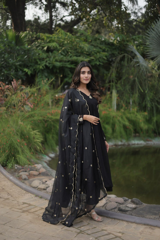 Black Colour Faux Blooming With Embroidered Work Salwar Suit