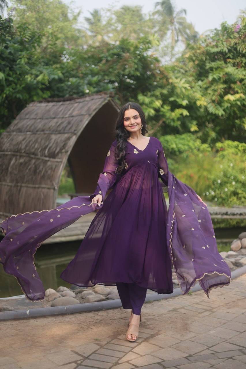 Wine Colour Faux Blooming With Embroidered Work Salwar Suit