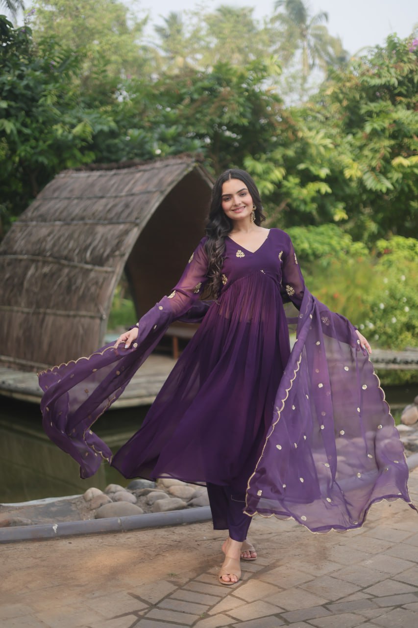 Wine Colour Faux Blooming With Embroidered Work Salwar Suit