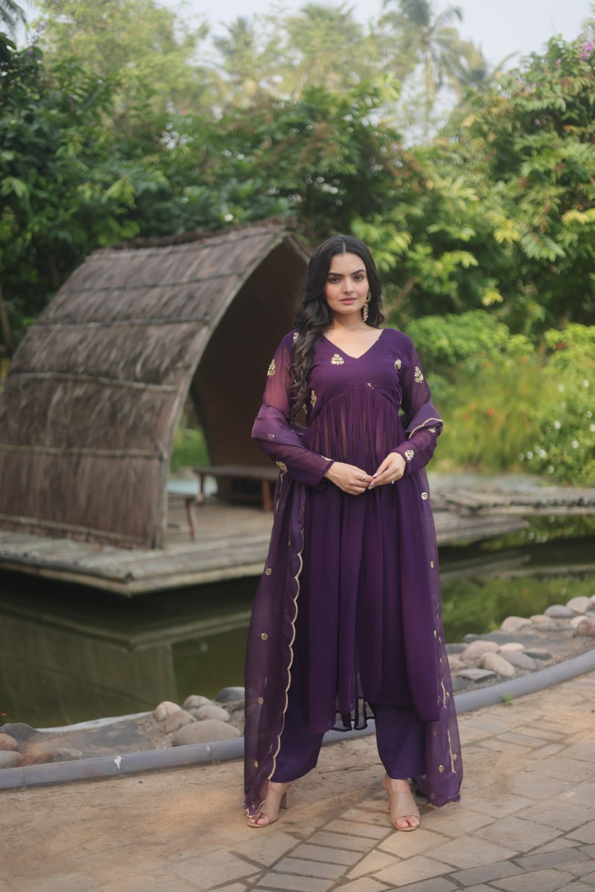 Wine Colour Faux Blooming With Embroidered Work Salwar Suit