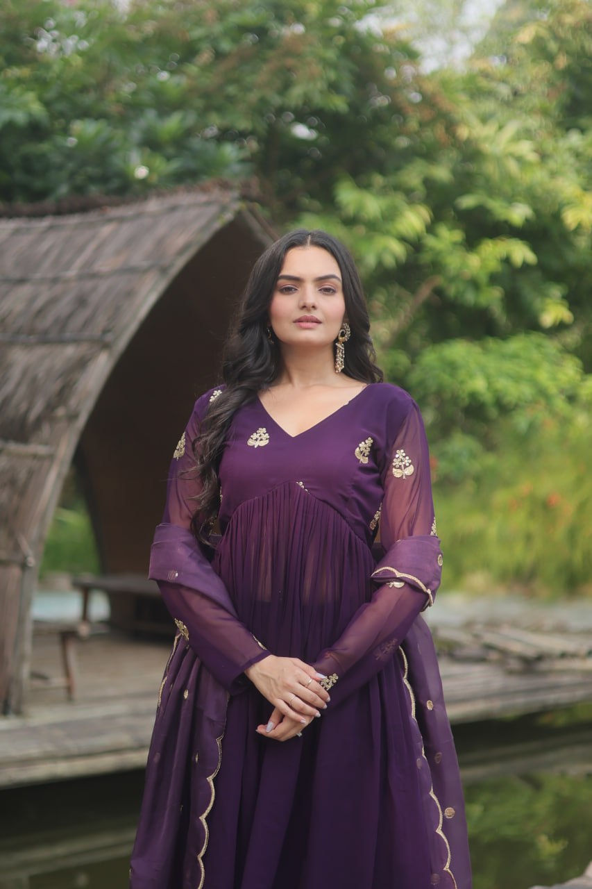 Wine Colour Faux Blooming With Embroidered Work Salwar Suit