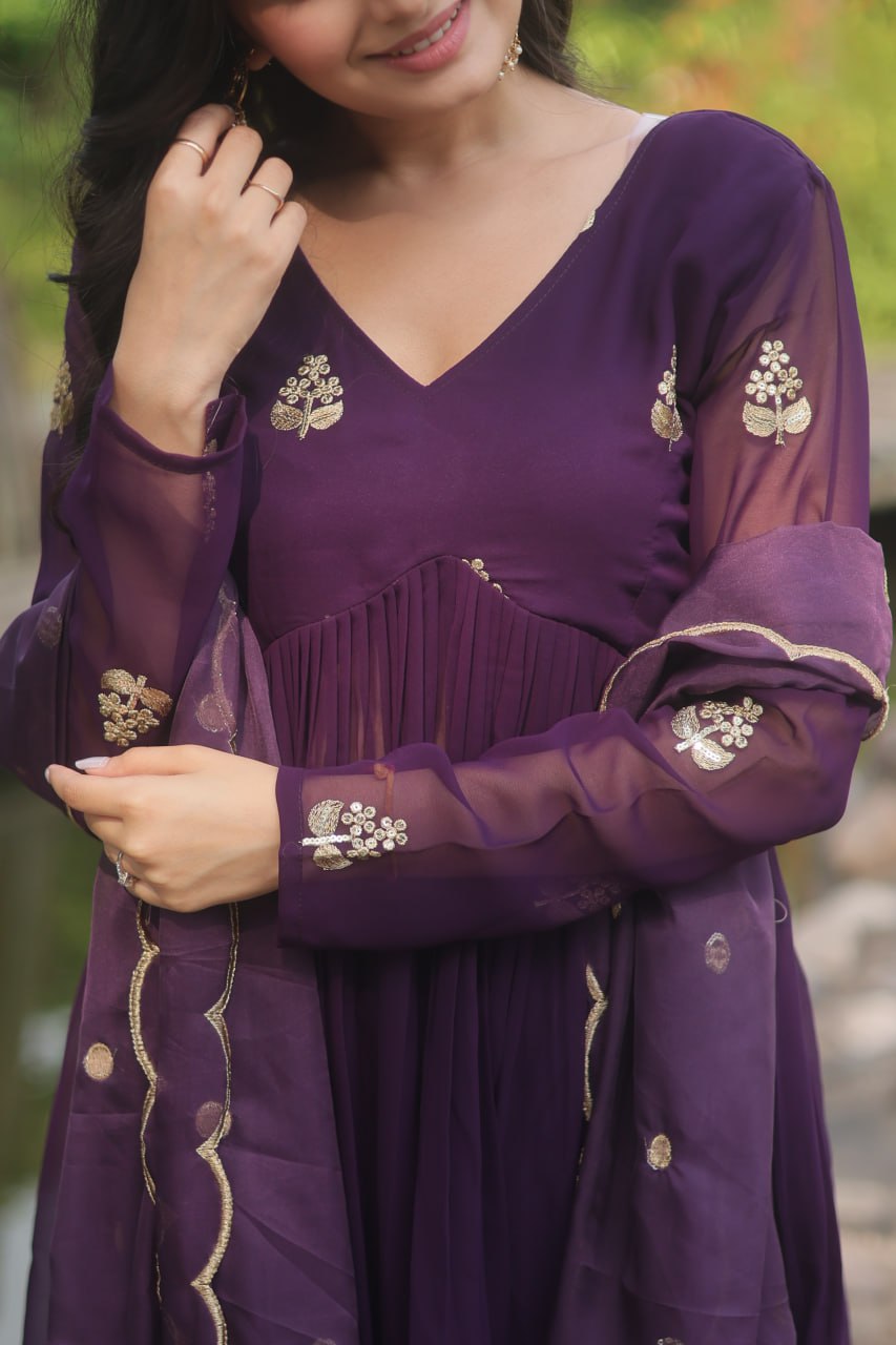 Wine Colour Faux Blooming With Embroidered Work Salwar Suit