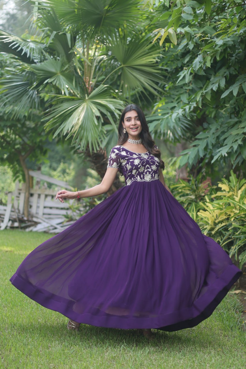 Purple Colour Faux Blooming With Coding Sequins Embroidered Work Gown