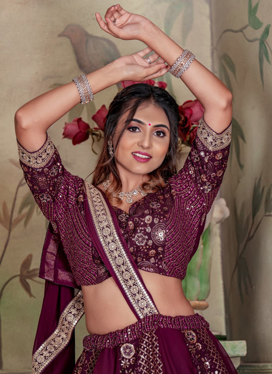 Wine Designer Heavy Embroidery Zari Sequence Coding Lace Lehenga Fully Stitched