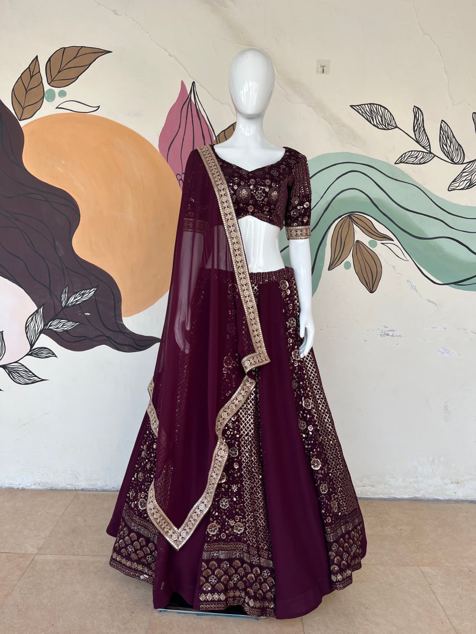 Wine Designer Heavy Embroidery Zari Sequence Coding Lace Lehenga Fully Stitched