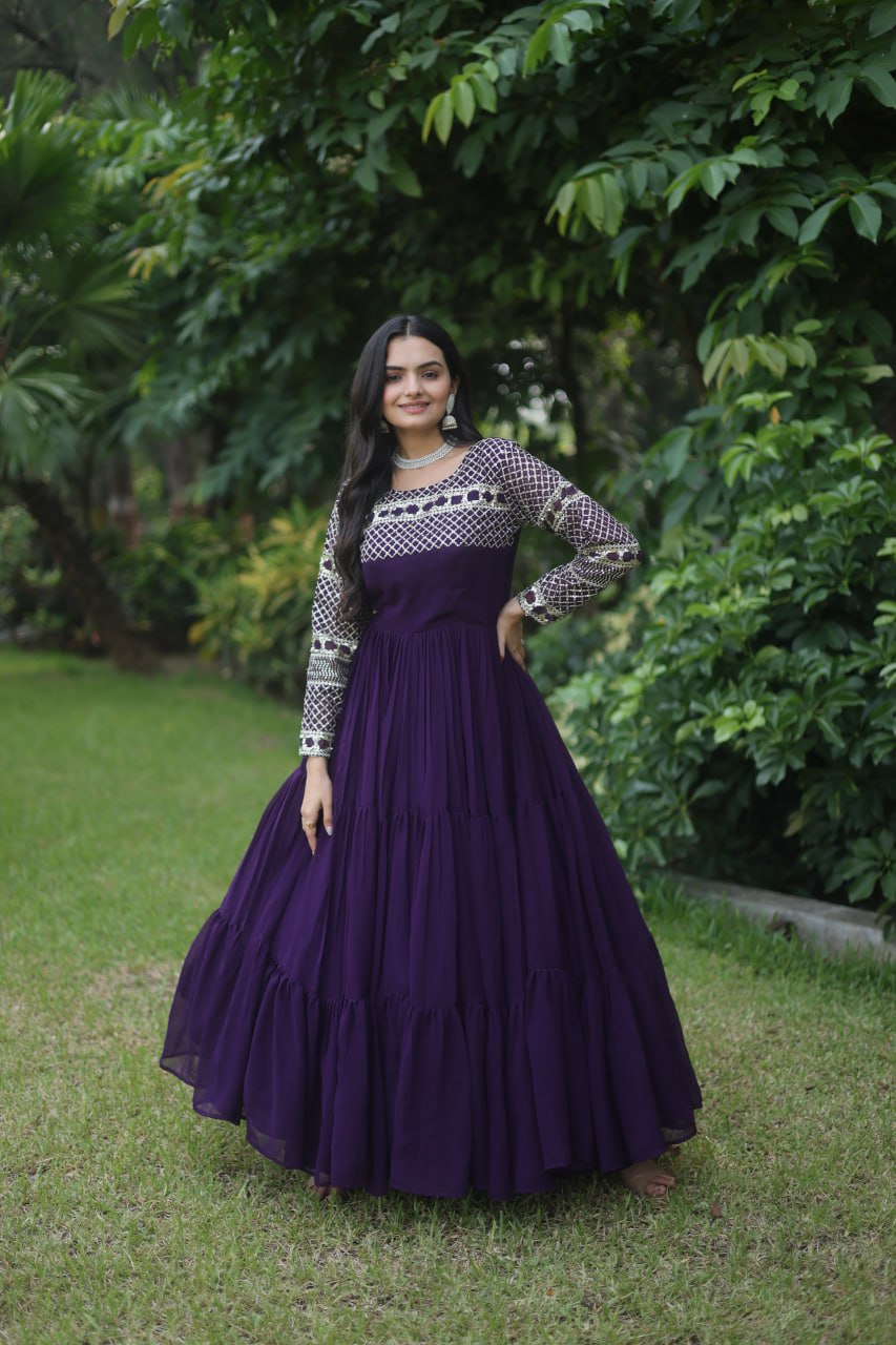 Wine Colour Faux Blooming With Embroidery Zari Sequins Work Gown