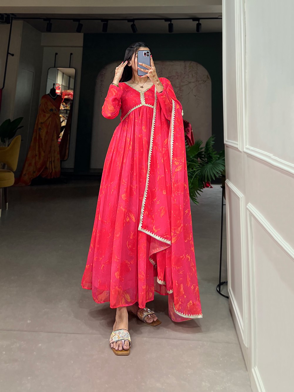 Pink Colour Georgette Floral Print And Sequins Embroidery Lace Anarkali Gown