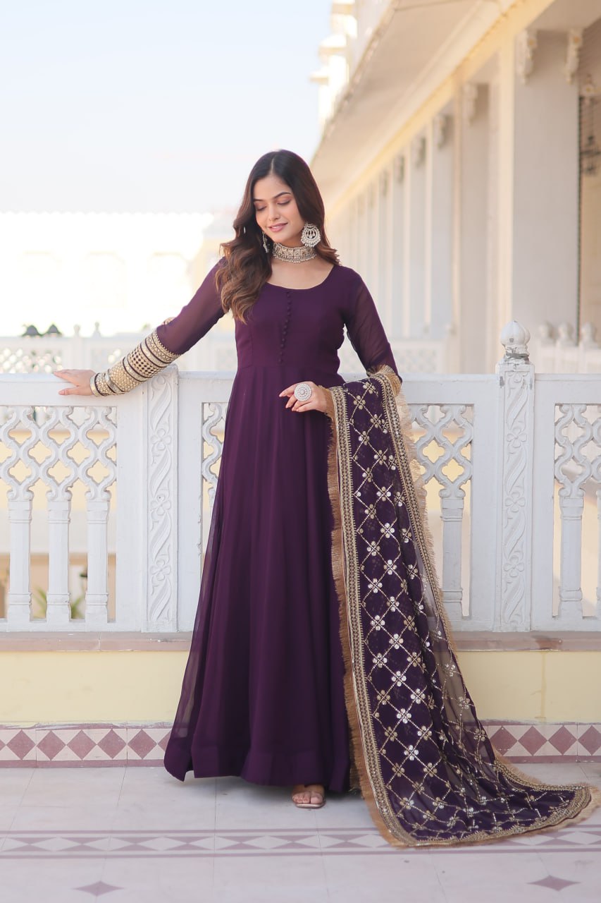 Wine Faux Blooming Gown With Dupatta With Attractive Embroidered Sequins Work With Lace Border
