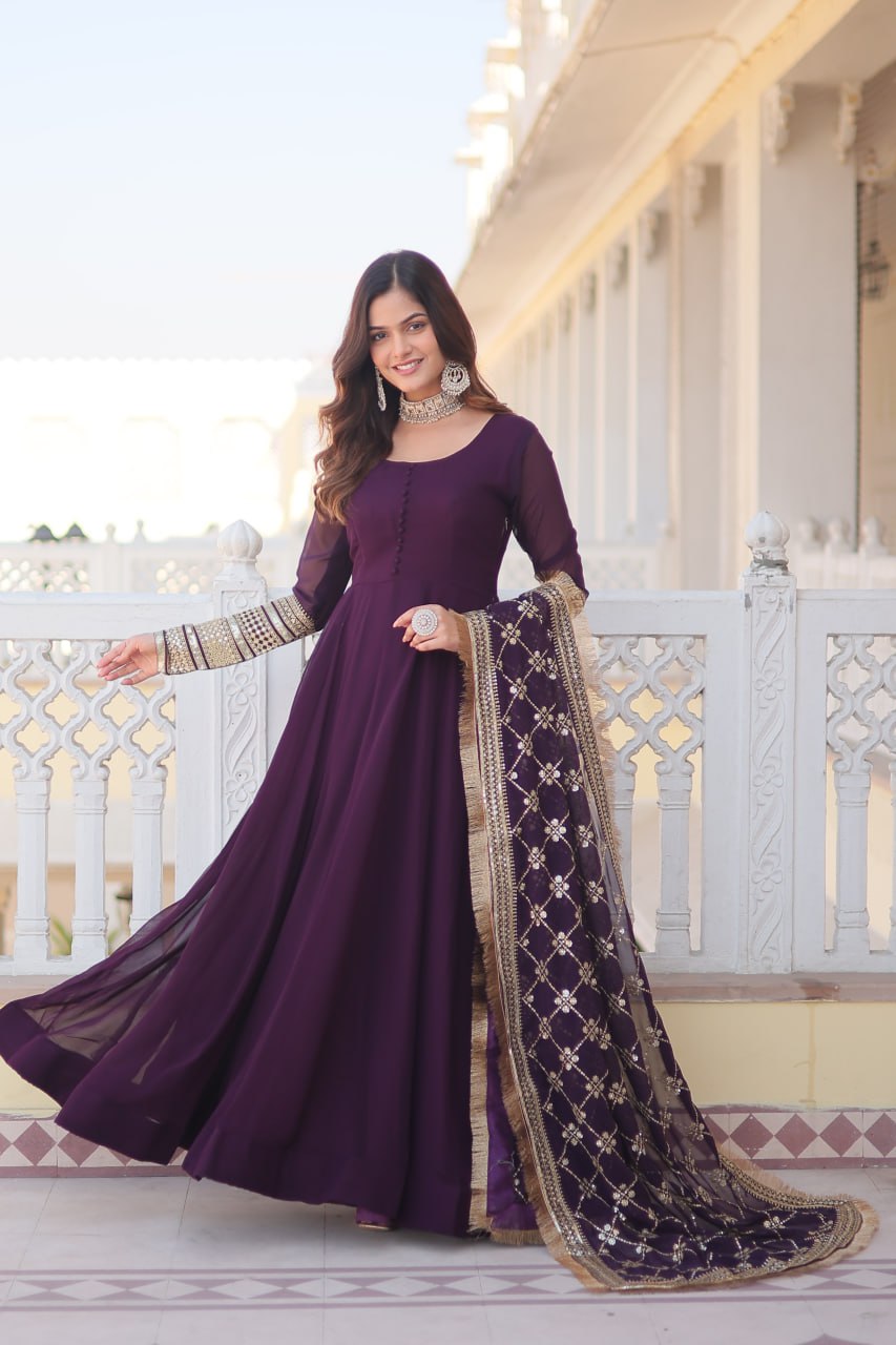 Wine Faux Blooming Gown With Dupatta With Attractive Embroidered Sequins Work With Lace Border