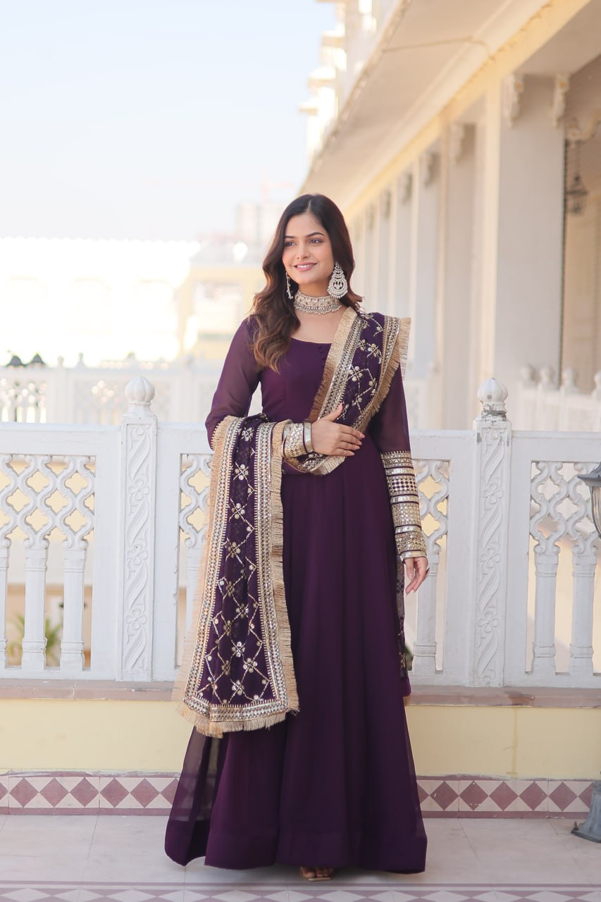 Wine Faux Blooming Gown With Dupatta With Attractive Embroidered Sequins Work With Lace Border