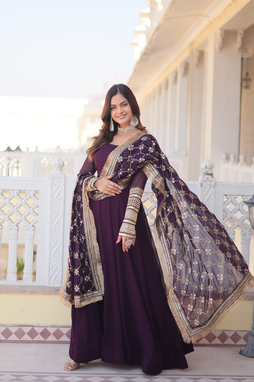 Wine Faux Blooming Gown With Dupatta With Attractive Embroidered Sequins Work With Lace Border