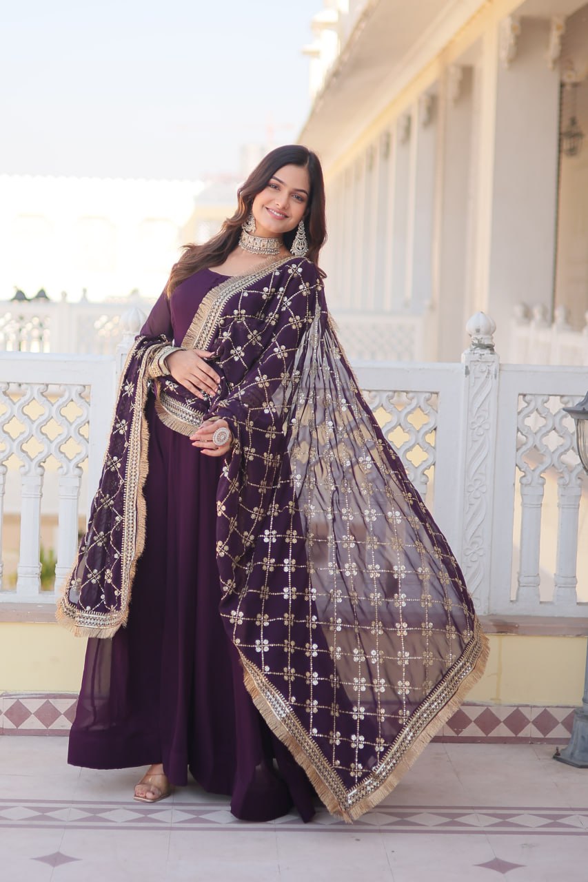 Wine Faux Blooming Gown With Dupatta With Attractive Embroidered Sequins Work With Lace Border