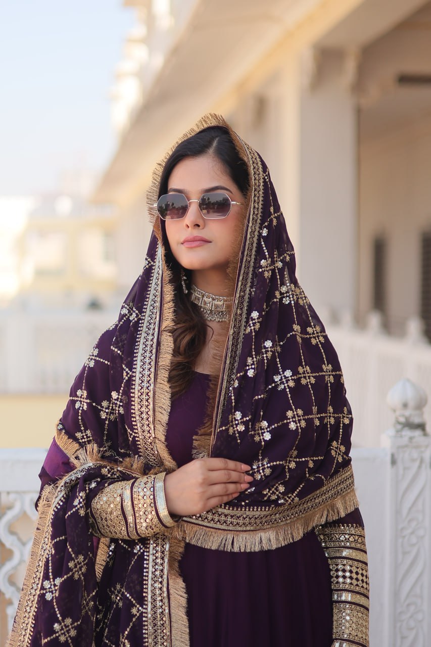 Wine Faux Blooming Gown With Dupatta With Attractive Embroidered Sequins Work With Lace Border