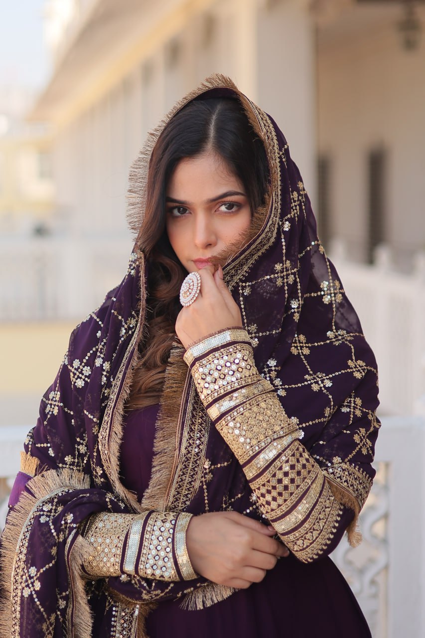 Wine Faux Blooming Gown With Dupatta With Attractive Embroidered Sequins Work With Lace Border