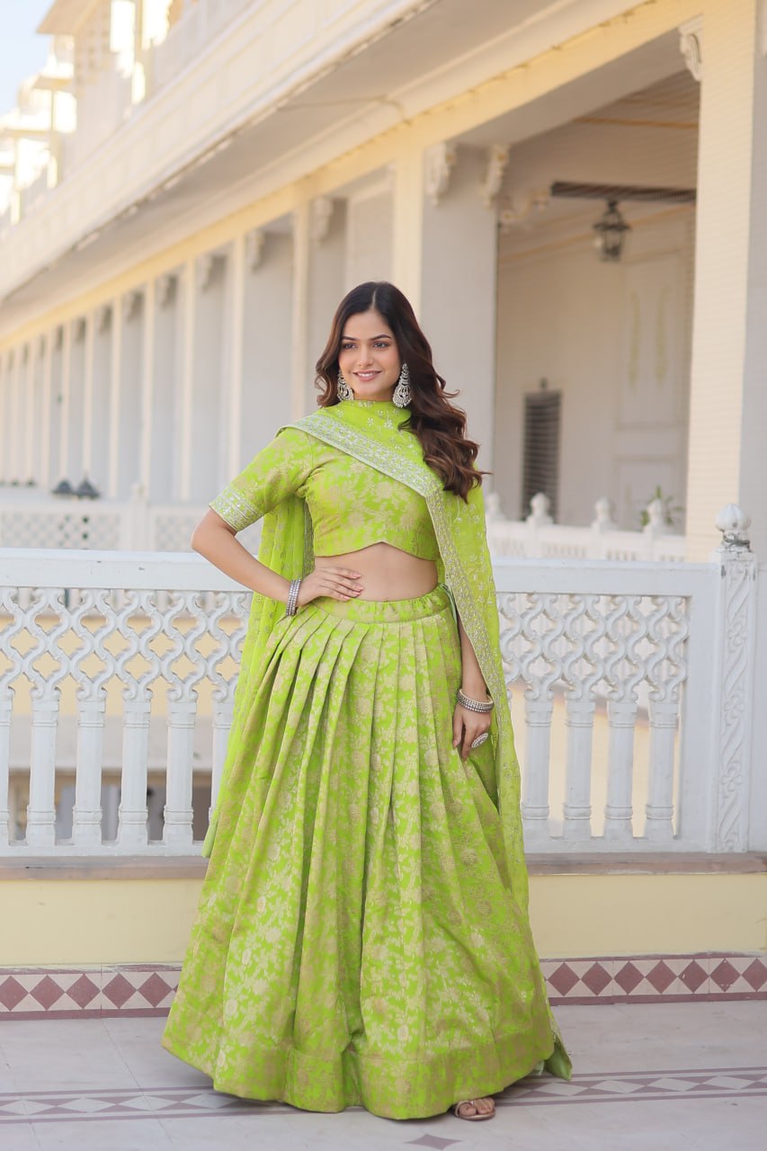 Green Colour Designer Dyeable Pure Viscose Jacquard Fabric Lehenga Choli With Dupatta Set