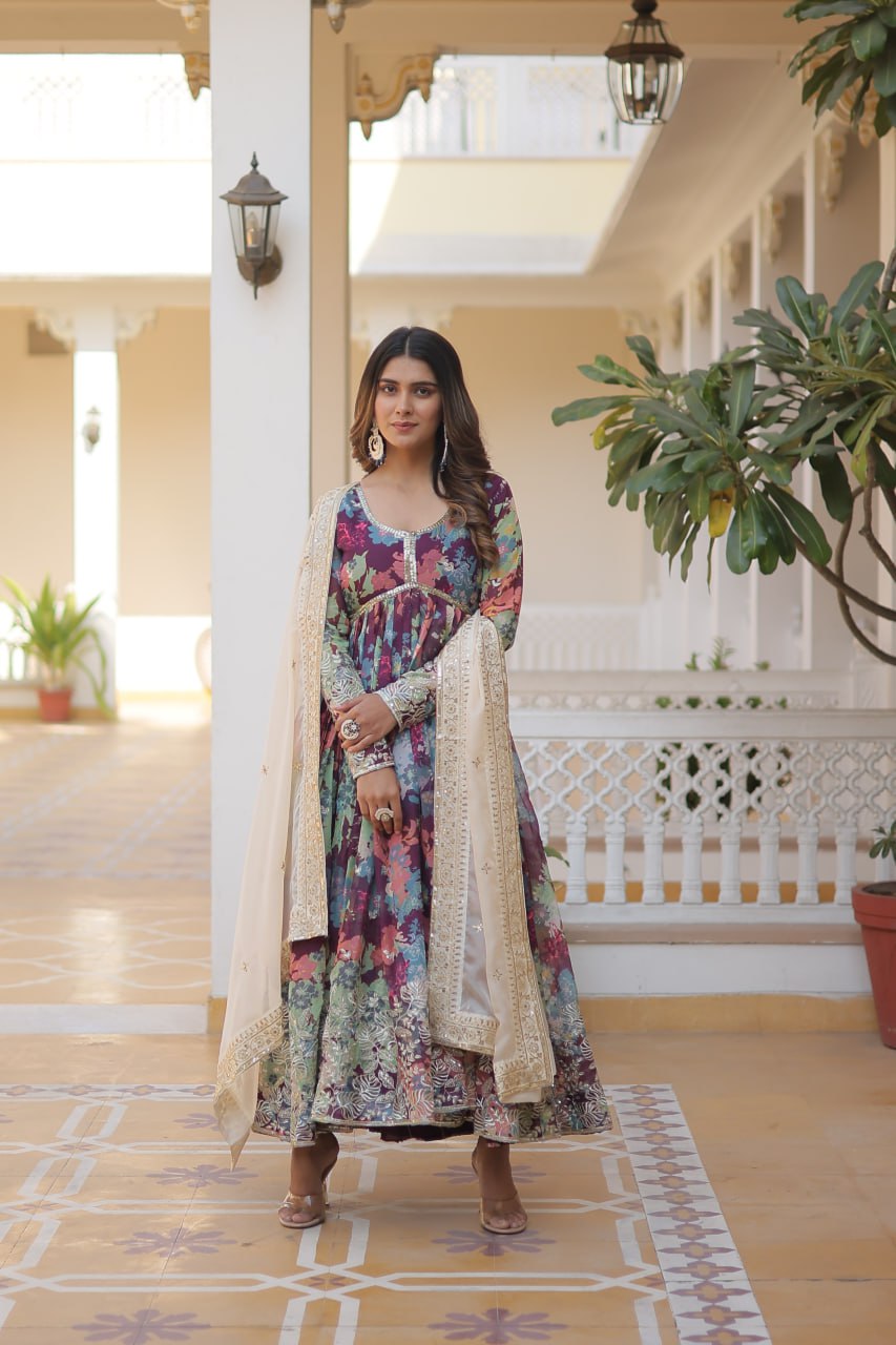 Purple Colour Digital Printed Russian Silk With Embroidery Zari Sequins Work Gown With Dupatta