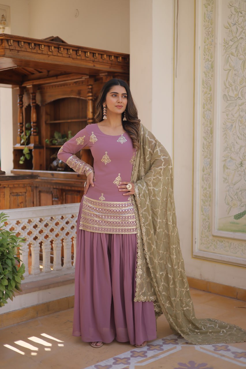 Pink Colour Faux Georgette With Sequins Thread Embroidered Work Plazzo With Dupatta