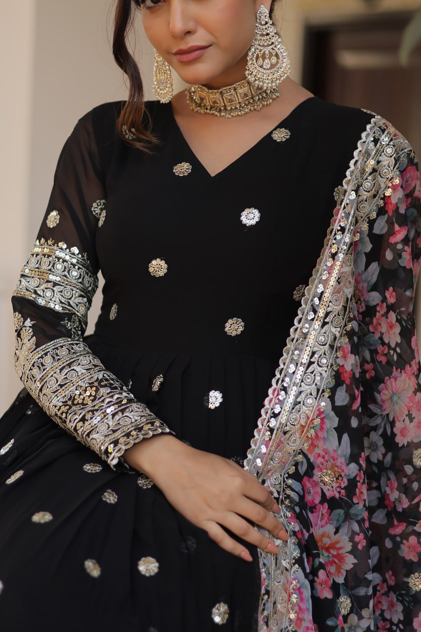 Black Colour Faux Georgette With Embroidery Zari Sequins Work Gown