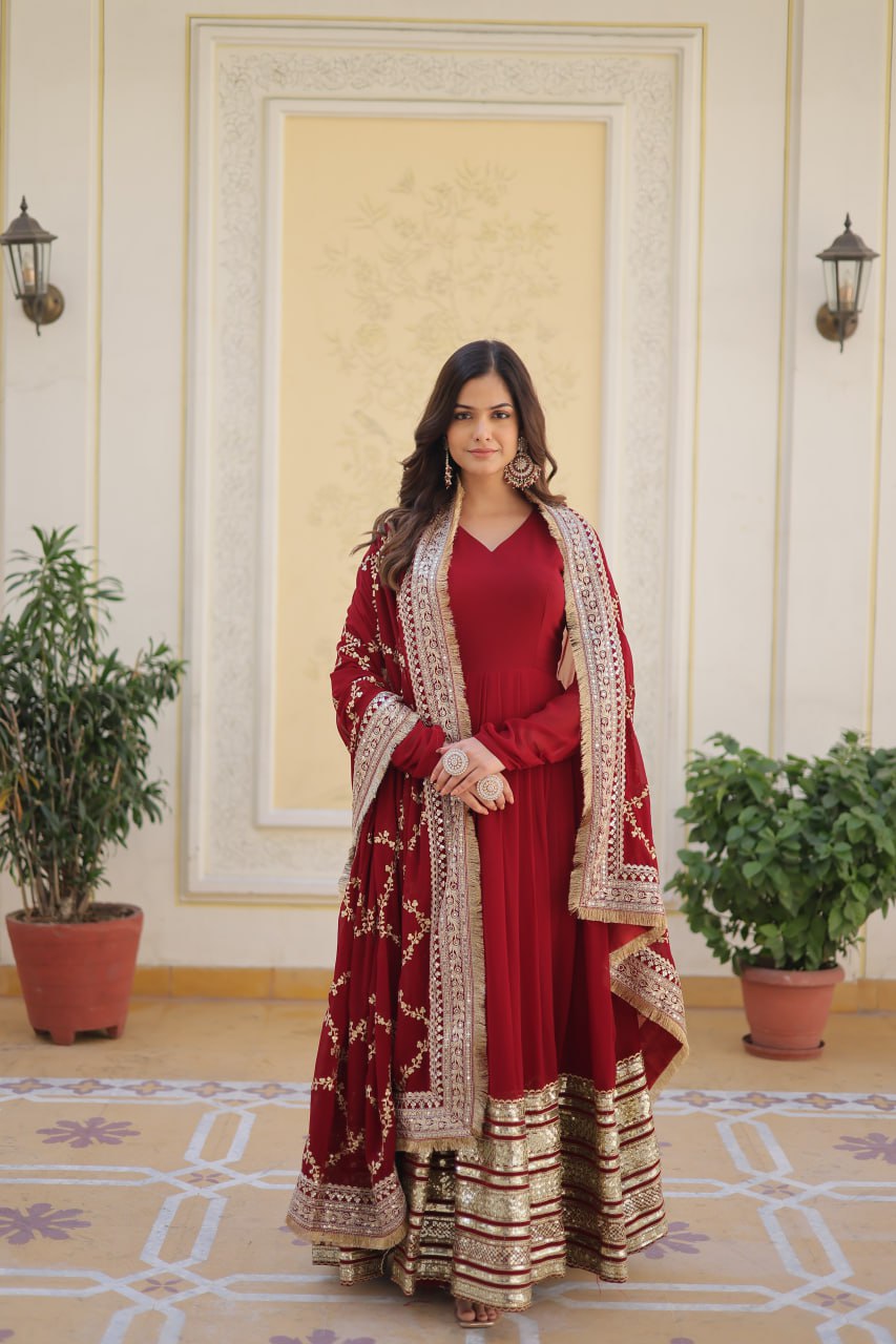Maroon Colour Faux Blooming With Embroidery Zari Sequins Work Gown With Dupatta