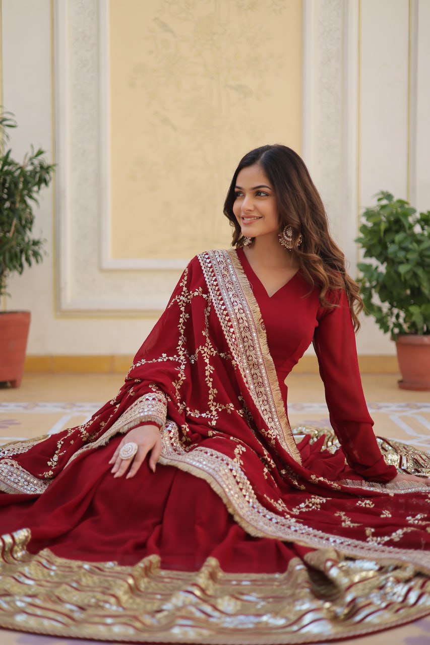 Maroon Colour Faux Blooming With Embroidery Zari Sequins Work Gown With Dupatta