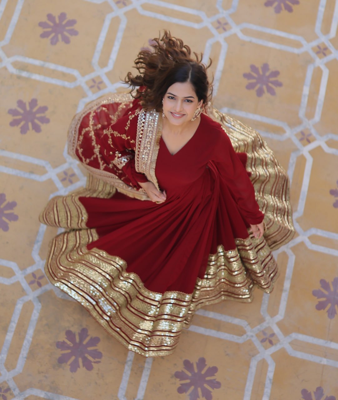 Maroon Colour Faux Blooming With Embroidery Zari Sequins Work Gown With Dupatta