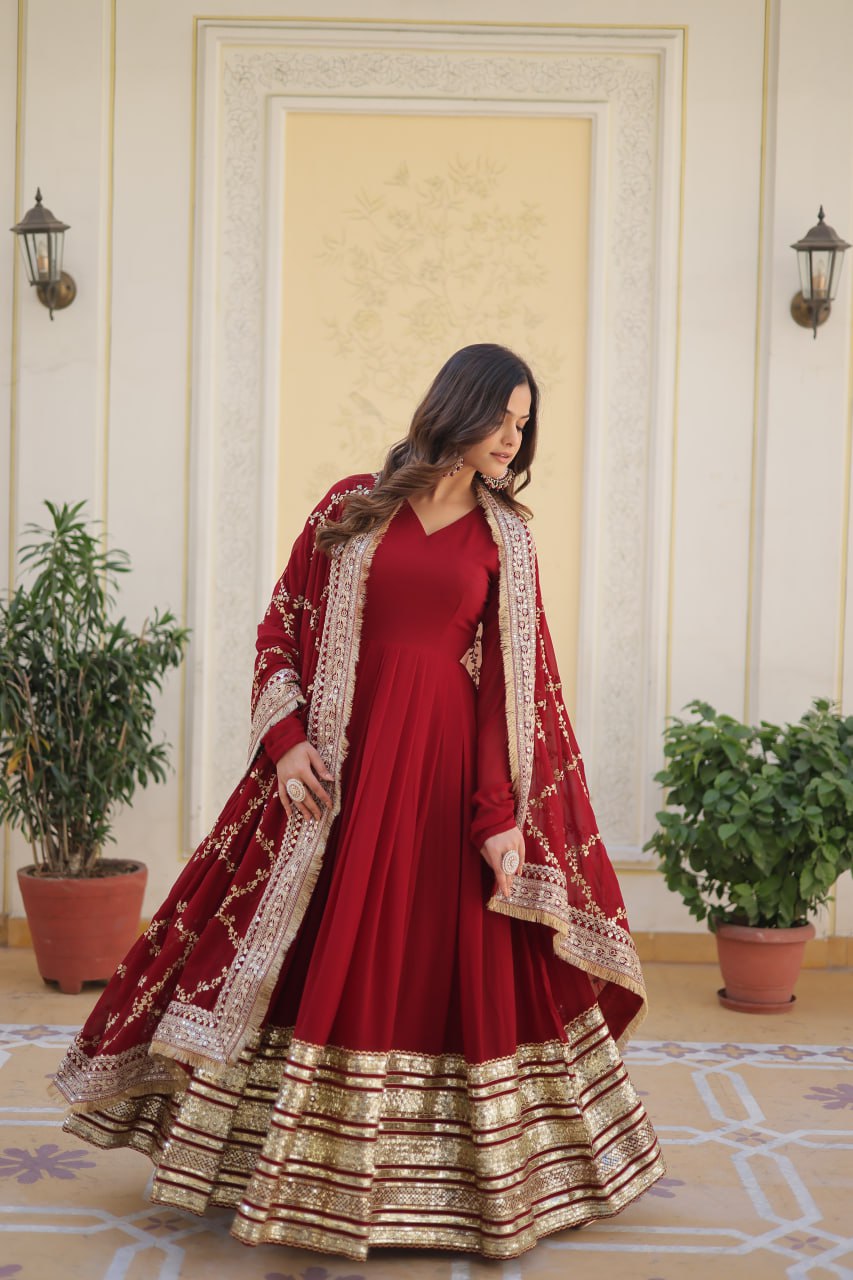 Maroon Colour Faux Blooming With Embroidery Zari Sequins Work Gown With Dupatta