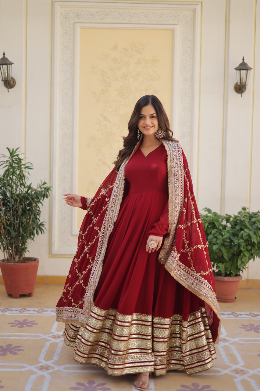 Maroon Colour Faux Blooming With Embroidery Zari Sequins Work Gown With Dupatta