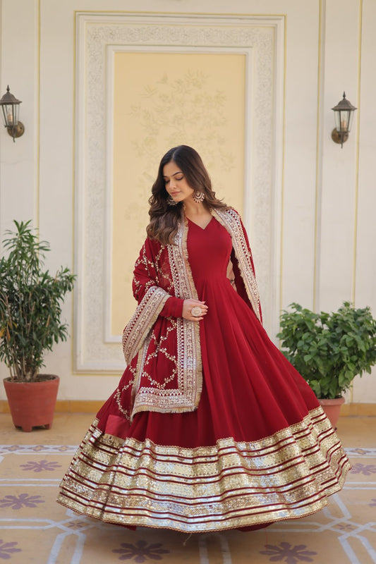 Maroon Colour Faux Blooming With Embroidery Zari Sequins Work Gown With Dupatta
