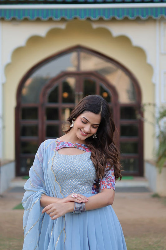 Sky Blue Colour Faux Georgette With Rich Floral Position Print Work Gown With Dupatta