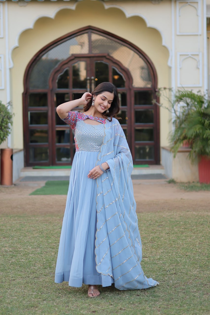 Sky Blue Colour Faux Georgette With Rich Floral Position Print Work Gown With Dupatta