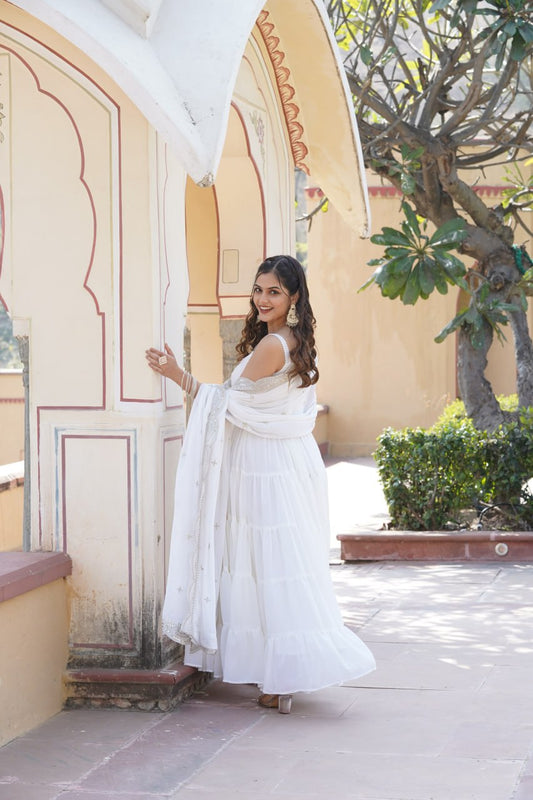White Colour Faux Georgette Embroidered Gown With Dupatta