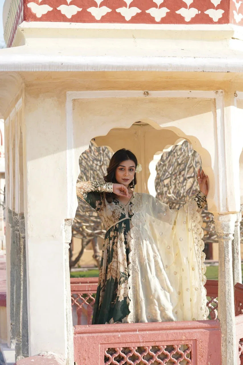 Green Digital Printed Russian Silk With Embroidery Zari Sequins Alia Cut Gown With Dupatta