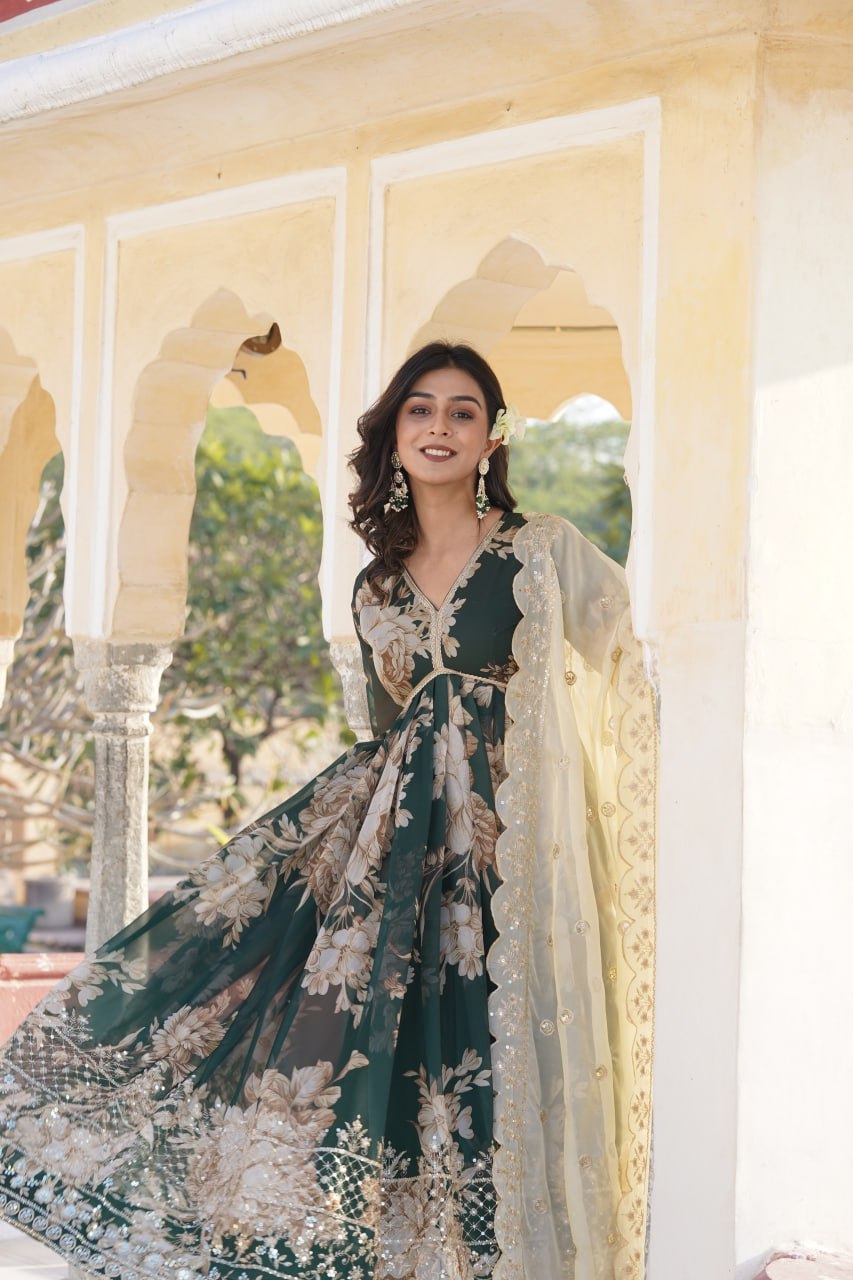 Green Digital Printed Russian Silk With Embroidery Zari Sequins Alia Cut Gown With Dupatta