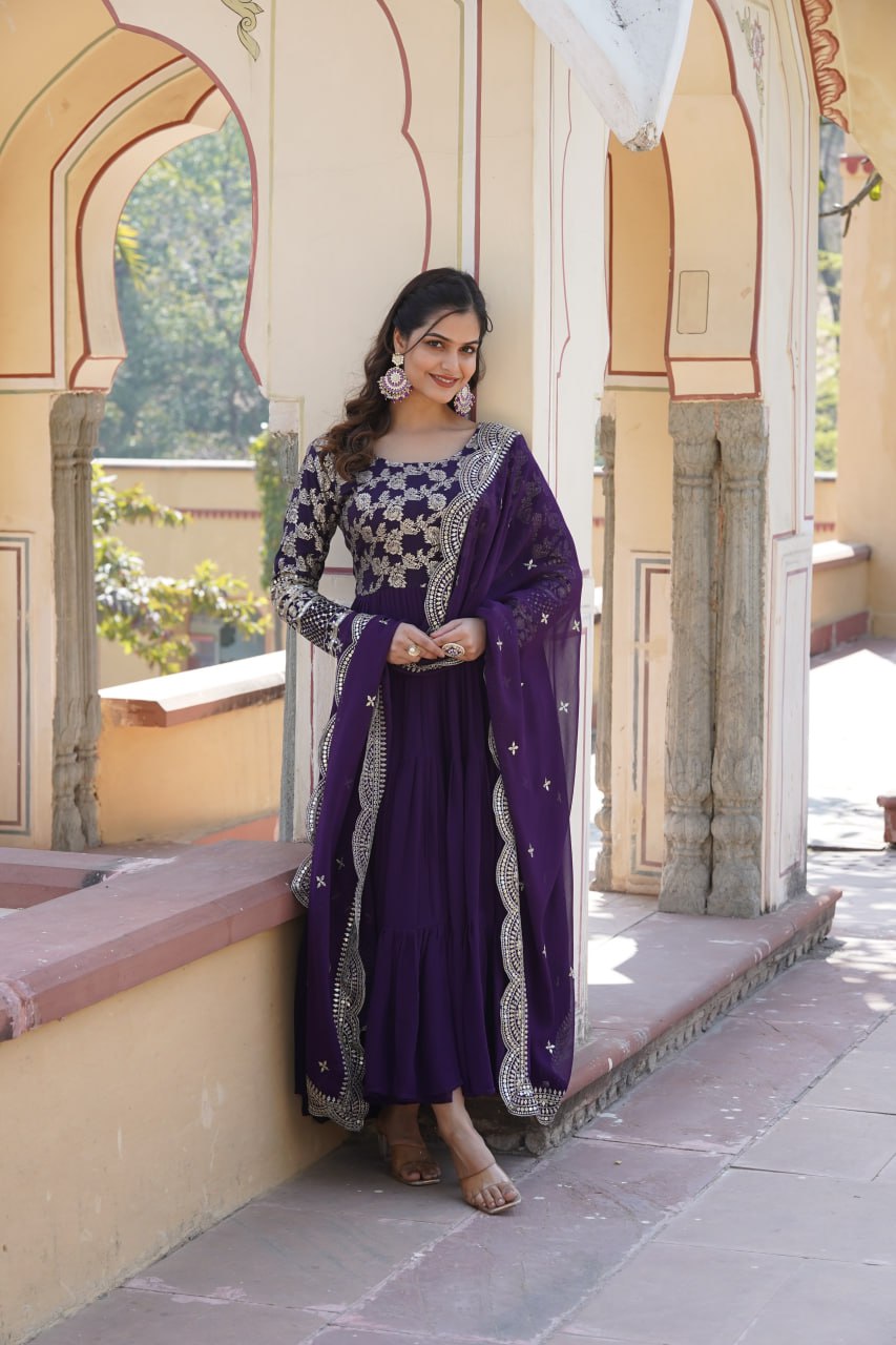 Purple Faux Blooming With Viscose Dyable Jacquard With Sequins Embroidered Work Gown Wth Dupatta
