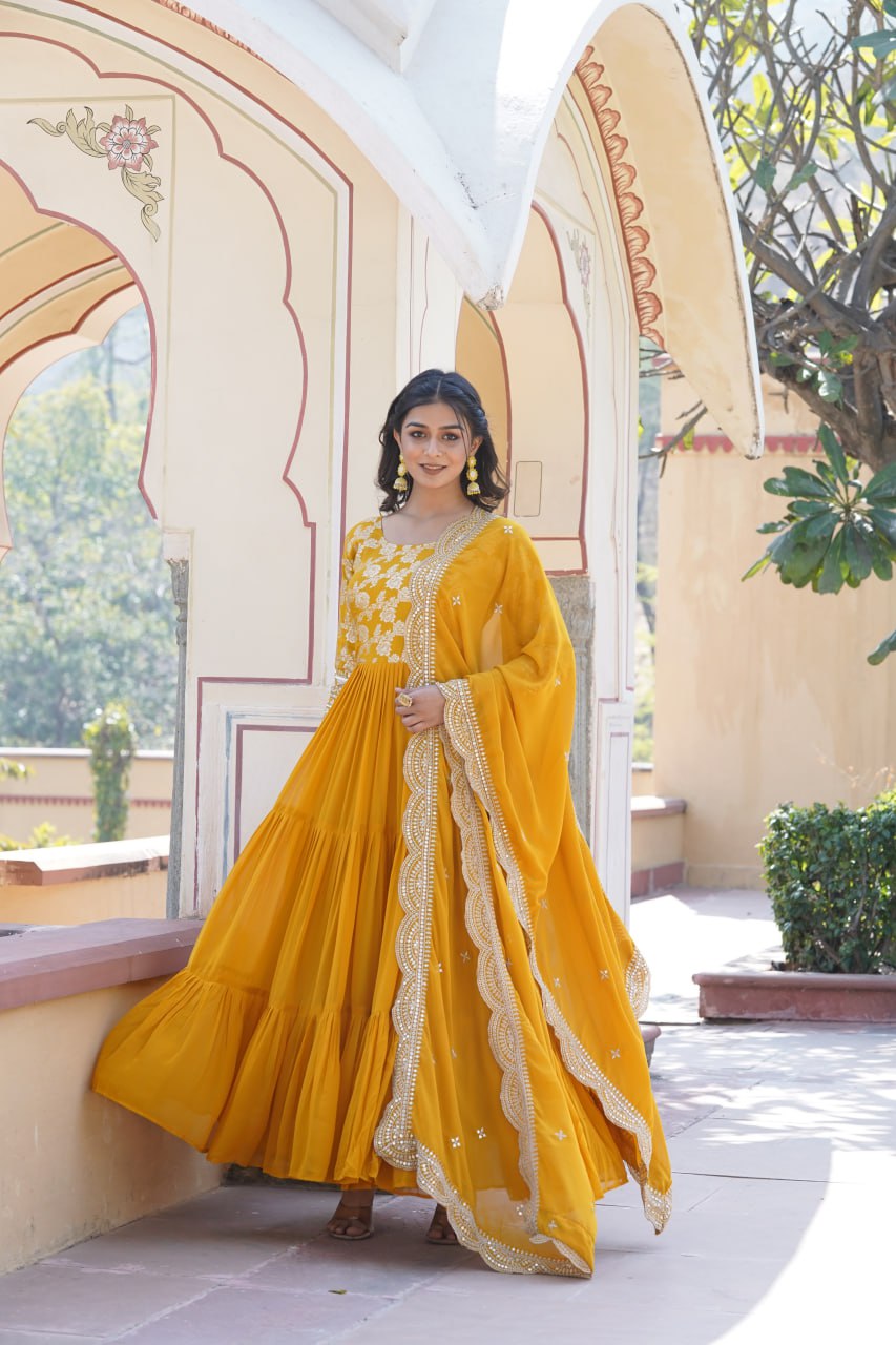 Yellow Faux Blooming With Viscose Dyable Jacquard With Sequins Embroidered Work Gown Wth Dupatta