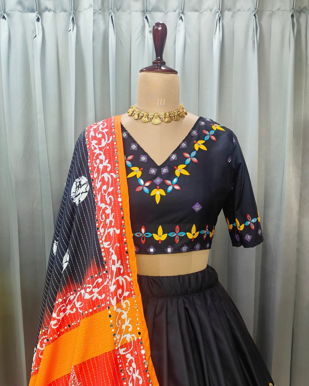Black Color Fancy Digital Print Maslin Cotton Real Mirror Work Lehenga Choli
