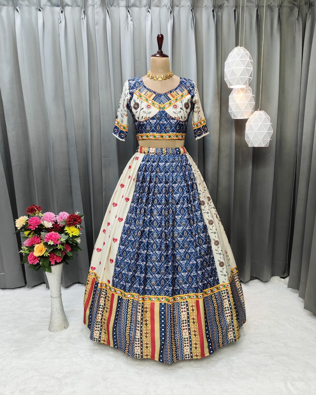 Blue White Fancy Digital Print Soft Butter Silk With Real Mirror Work