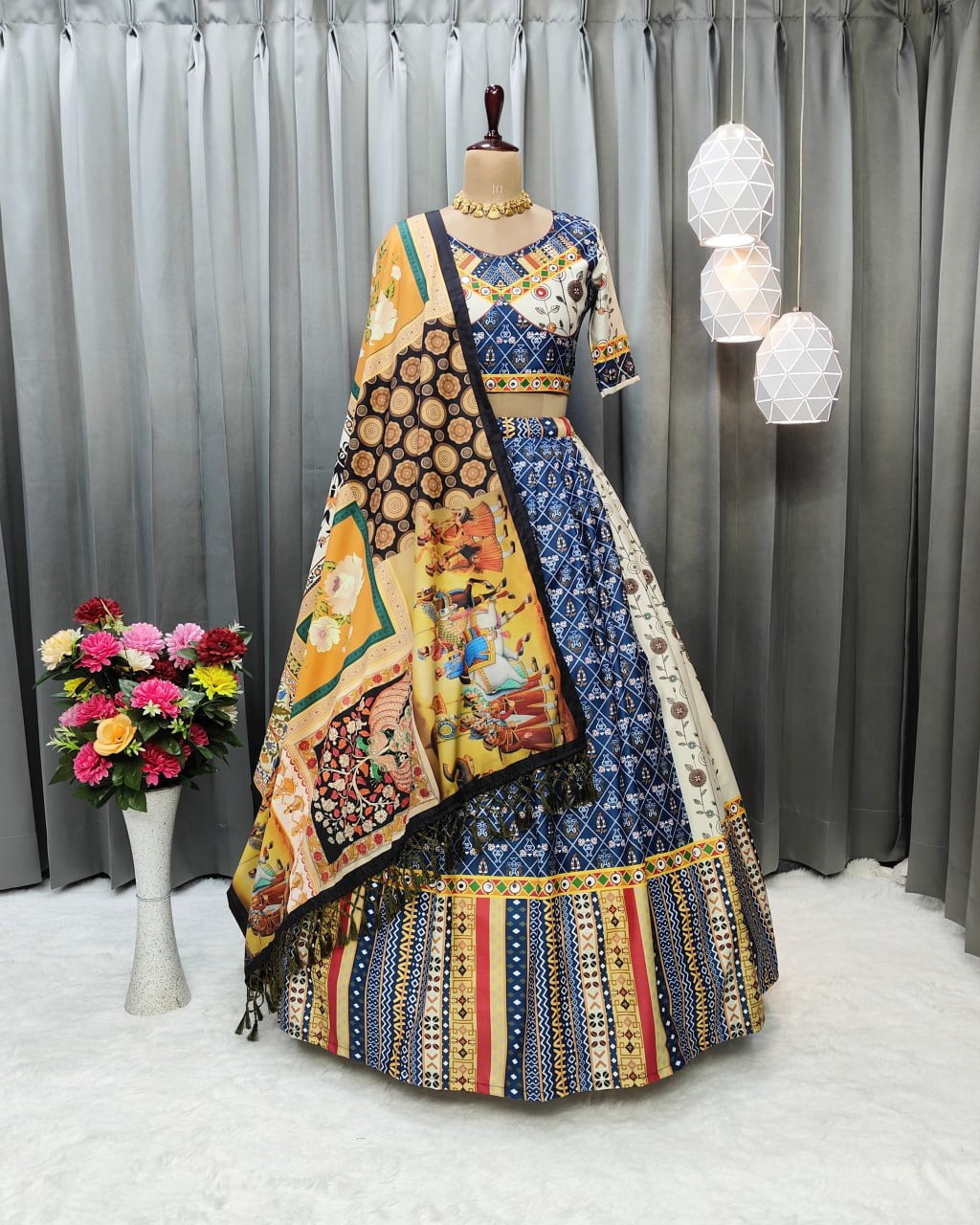 Blue White Fancy Digital Print Soft Butter Silk With Real Mirror Work