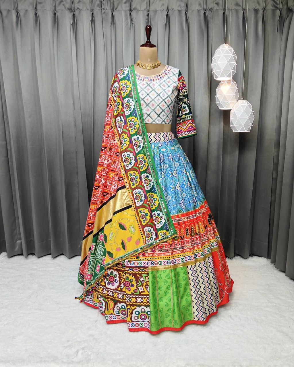 Multicolor Fancy Digital Print Soft Butter Silk and Real Mirror Work Lehenga Choli