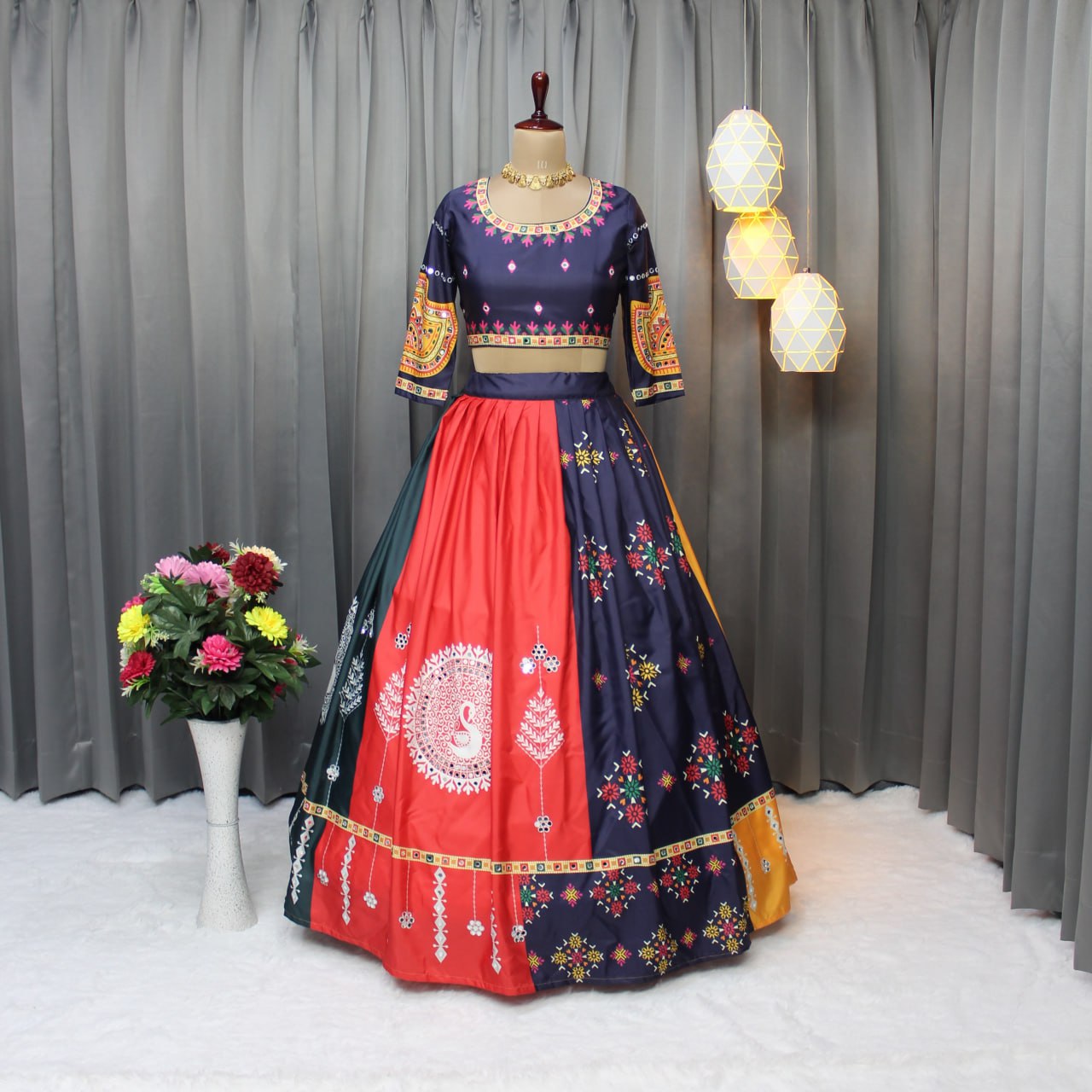 Multicolor Fancy Digital Print Soft Butter Silk and Real Mirror Work Lehenga Choli