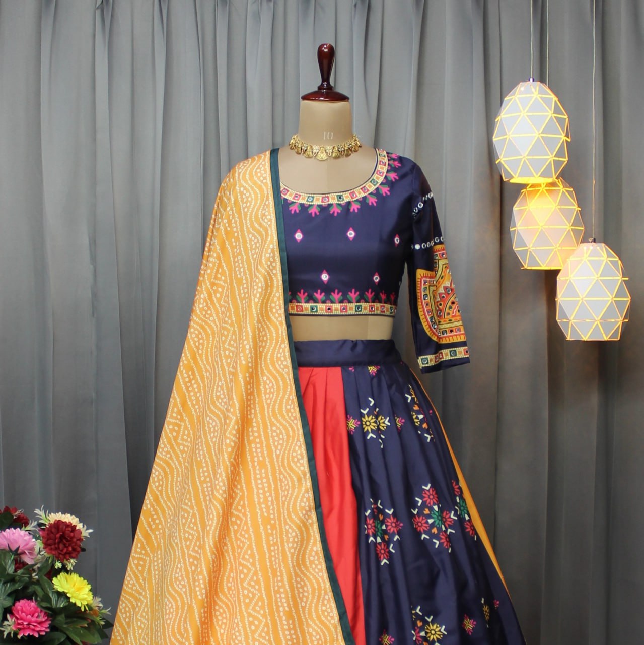 Multicolor Fancy Digital Print Soft Butter Silk and Real Mirror Work Lehenga Choli