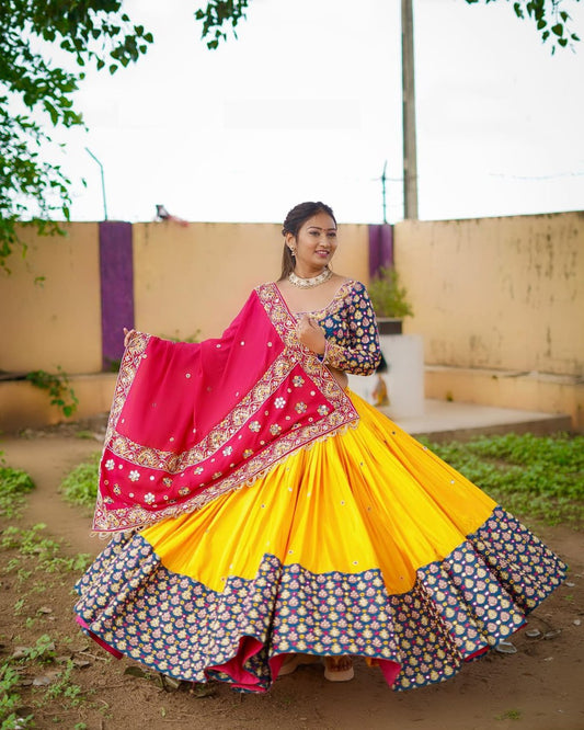 Yellow Color Fancy Digital Print Soft Butter Silk and Real Mirror Work Lehenga Choli