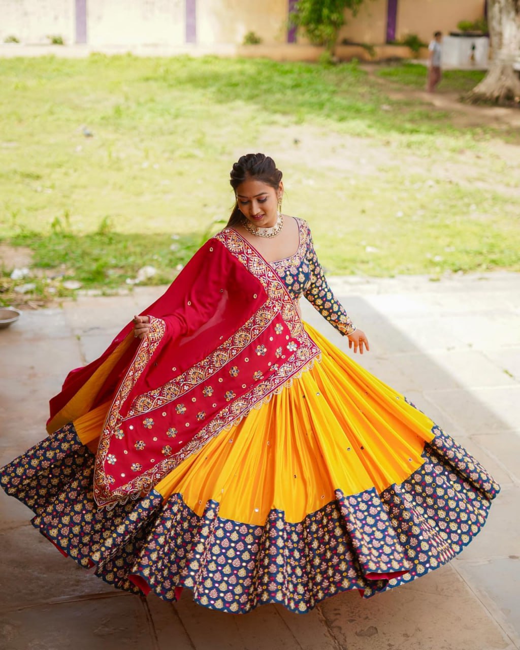 Yellow Color Fancy Digital Print Soft Butter Silk and Real Mirror Work Lehenga Choli