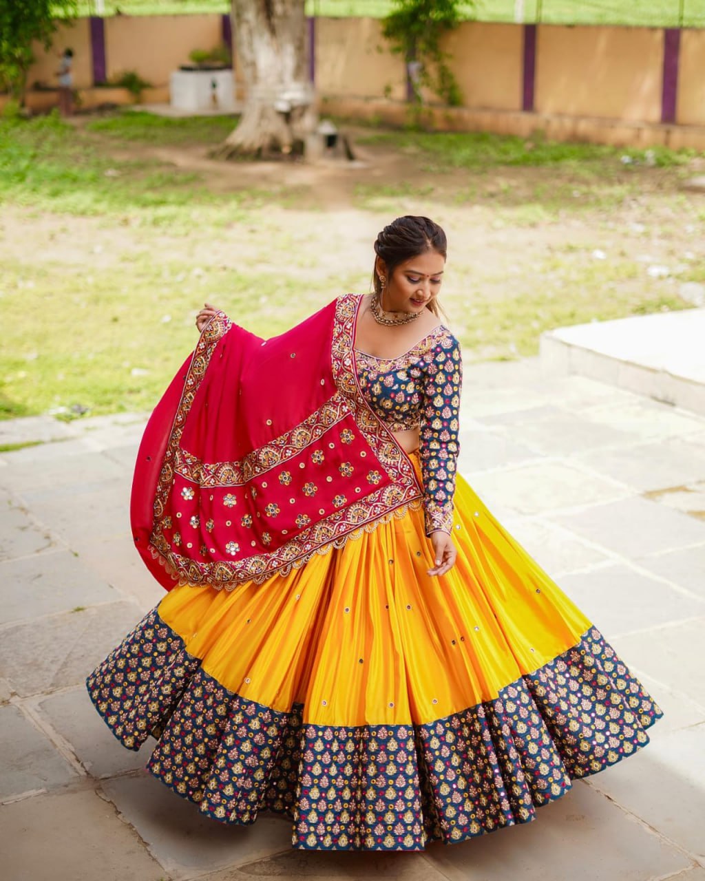 Yellow Color Fancy Digital Print Soft Butter Silk and Real Mirror Work Lehenga Choli