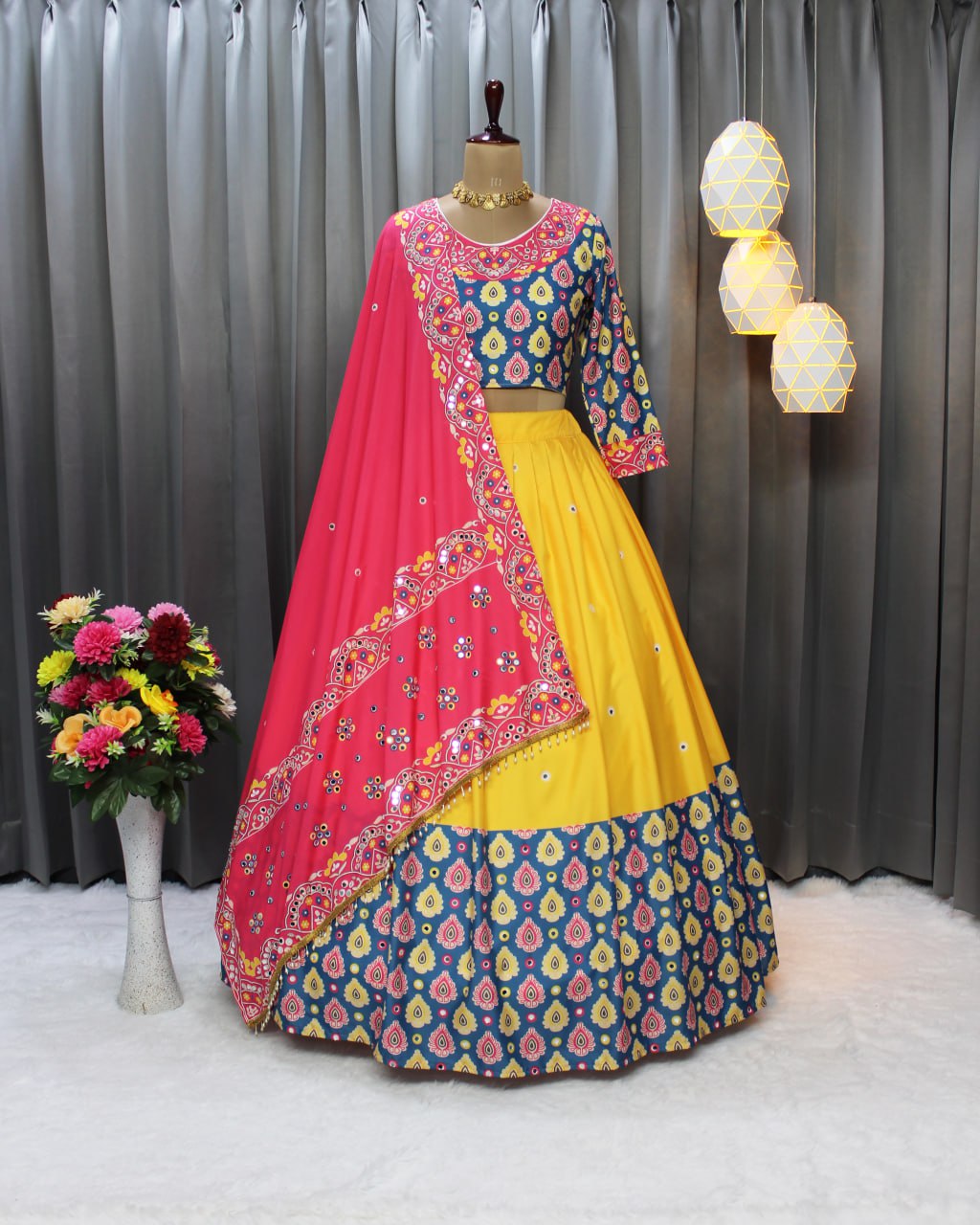 Yellow Color Fancy Digital Print Soft Butter Silk and Real Mirror Work Lehenga Choli