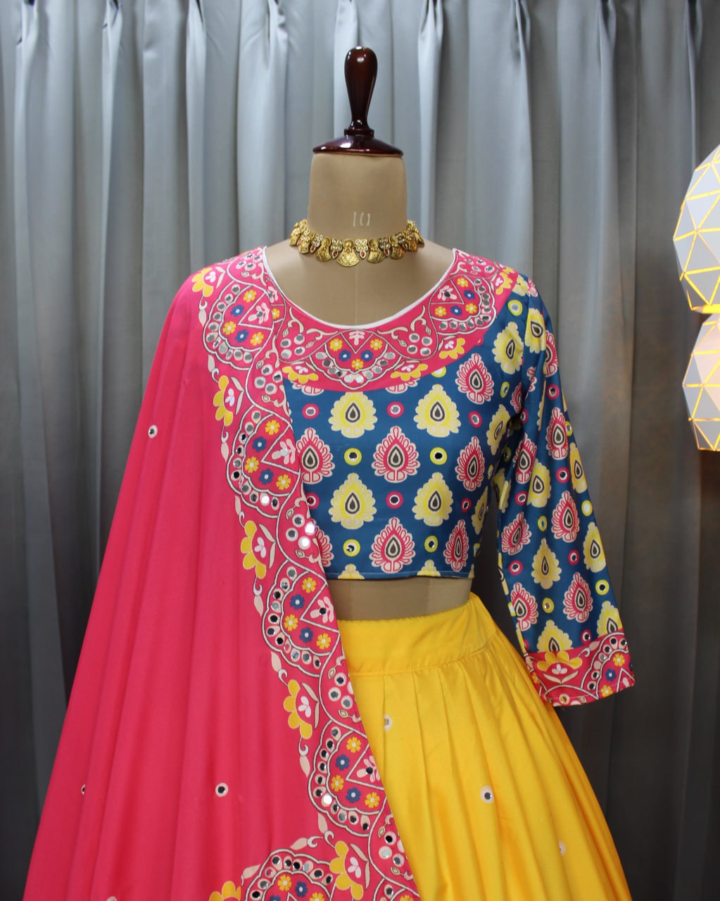 Yellow Color Fancy Digital Print Soft Butter Silk and Real Mirror Work Lehenga Choli