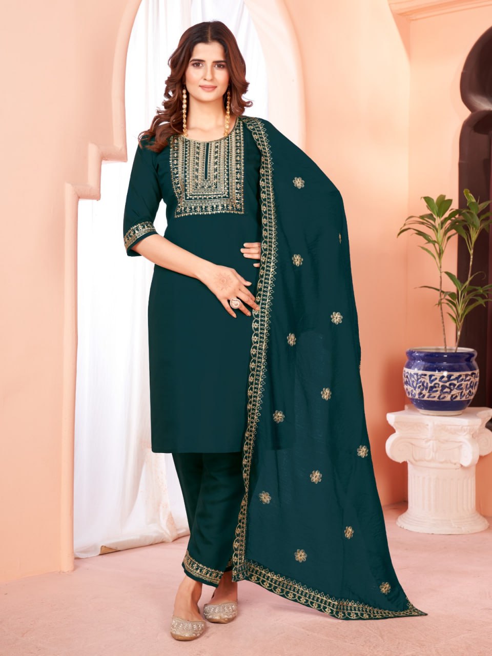 Rama Color Our Exquisite Kurti Set Complete With Dupatta and Pants